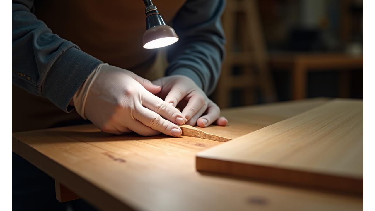 A close-up of an artisan inspecting a wooden shelf for imperfections, using a bright lamp to highlight details and ensure a flawless finish.