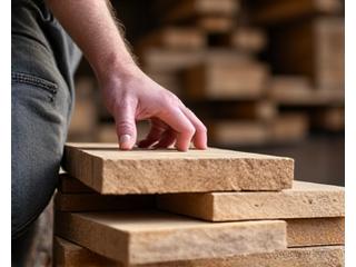 Artisan inspecting raw wooden logs for quality