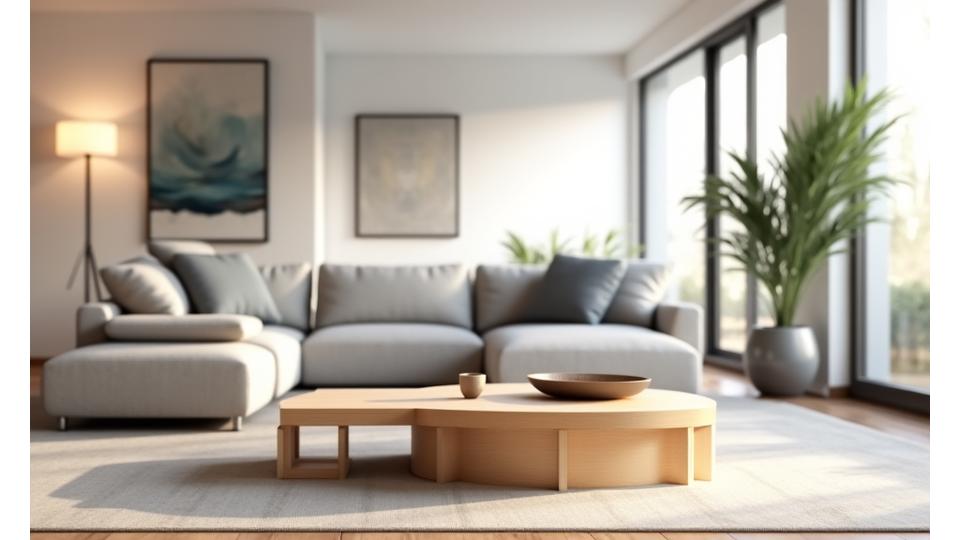 Modern living room with a minimalist wooden coffee table, grey sofa, and abstract art, lit by natural light