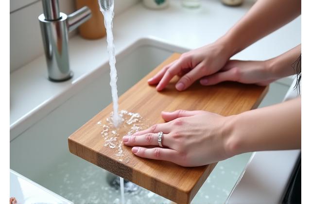 Hands gently washing a wooden cutting board under running water, with soap suds. Shows proper cleaning technique.